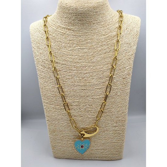 Light blue Heart with gold stainless chain Neckless